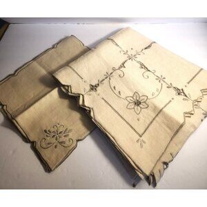 EMBROIDERED LINEN Square Tablecloth BEIGE and Grey with Four Napkins